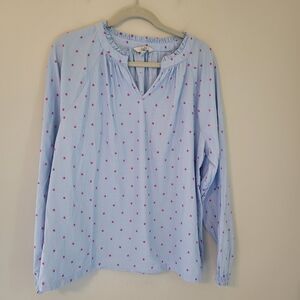 Croft & Barrow Blue V-Neck Blouse with Pink Swiss Dot Pattern